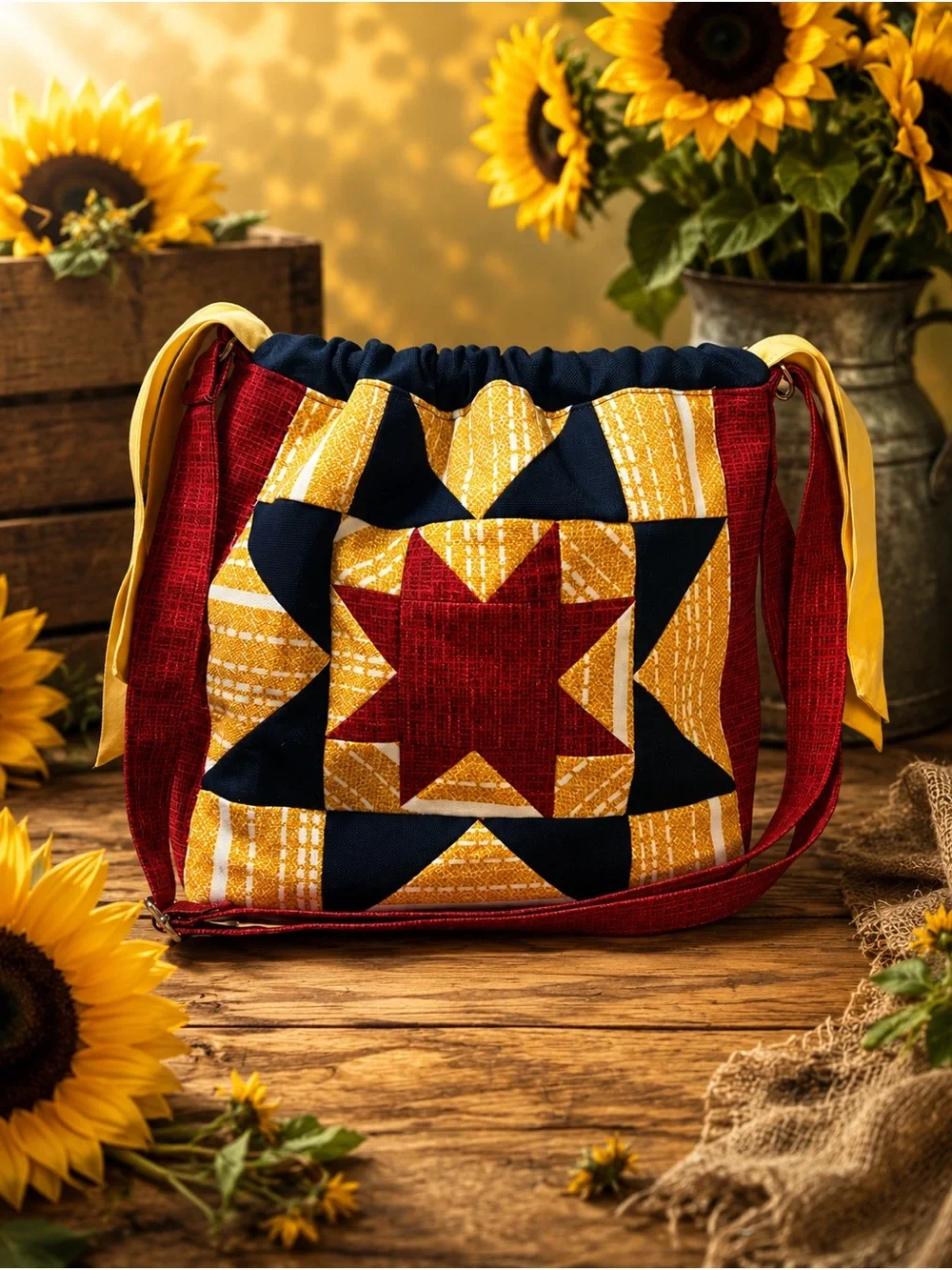 Quilted Star Patchwork Crossbody Bag - Red, Navy & Mustard